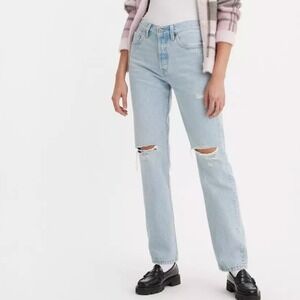 Levi's Womens 501 Original‎ Mid Rise Distressed Straight Jeans, Light Wash, 29